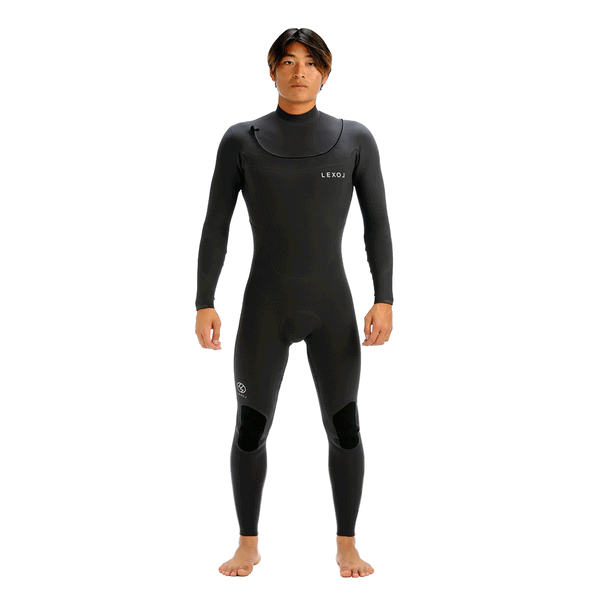 person wearing black wetsuit with white background
