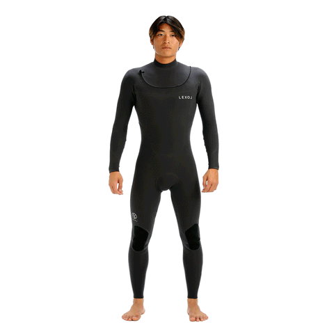 person wearing black wetsuit with white background

