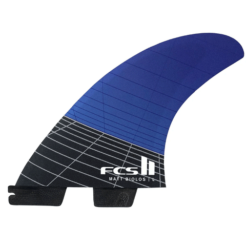 blue and black surf fin with "fcs" and "Matt Biolos" branding