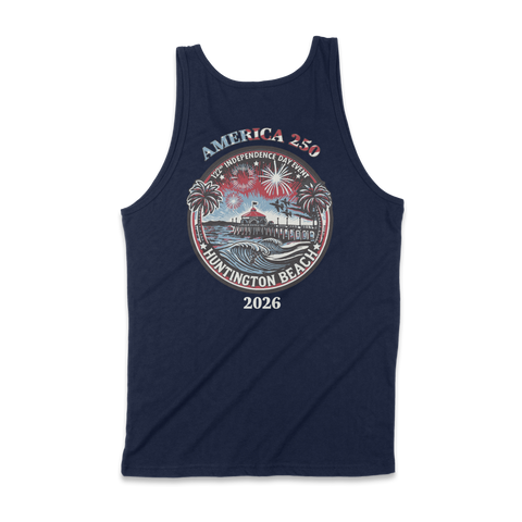 Navy tank top with a graphic design on a white background
