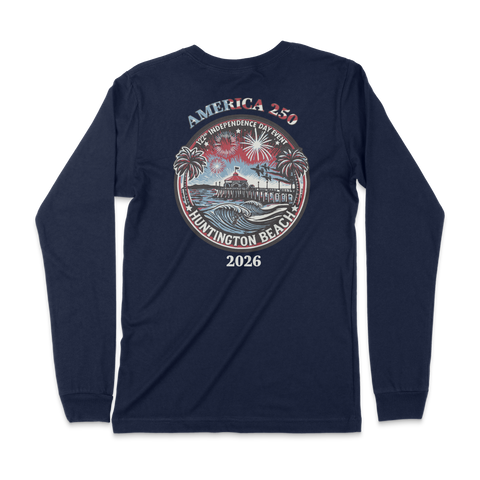 Navy blue long-sleeve shirt with a graphic design on the back featuring 'America 250 Huntington Beach 2026'.