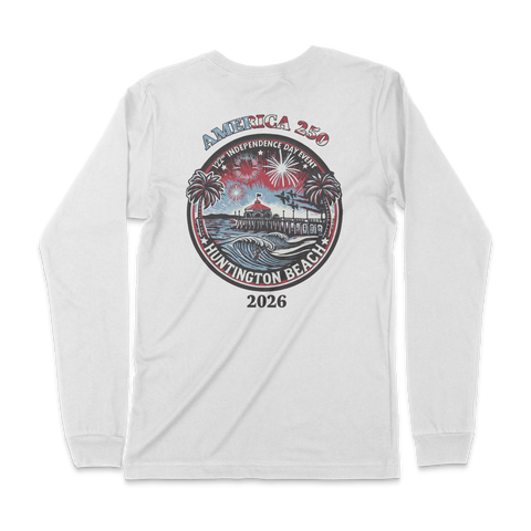 White long-sleeve shirt with a graphic design on the back featuring Huntington Beach and the year 2026.