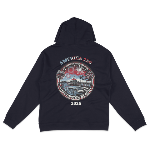 Navy blue hoodie with a colorful graphic on the back on a white background