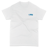 white t-shirt with a blue logo on a white background
