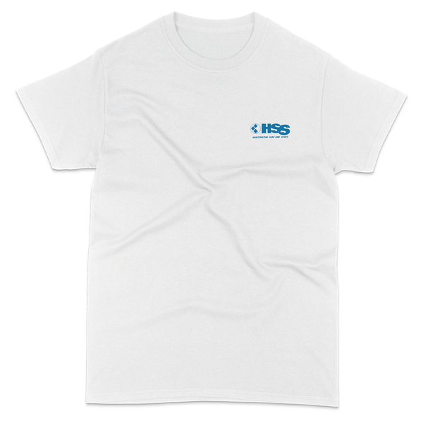 white t-shirt with a blue logo on a white background