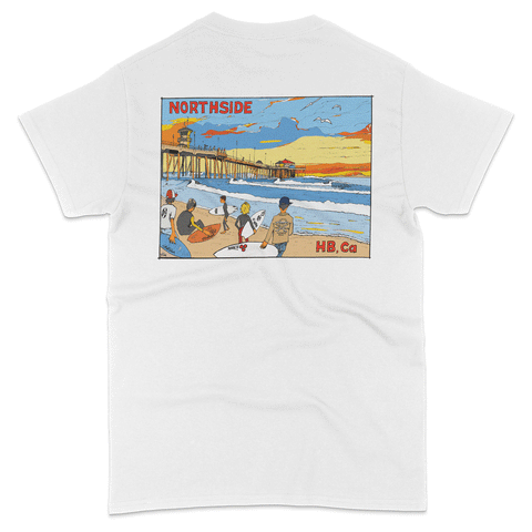 white t-shirt with a colorful graphic of a beach scene on the back
