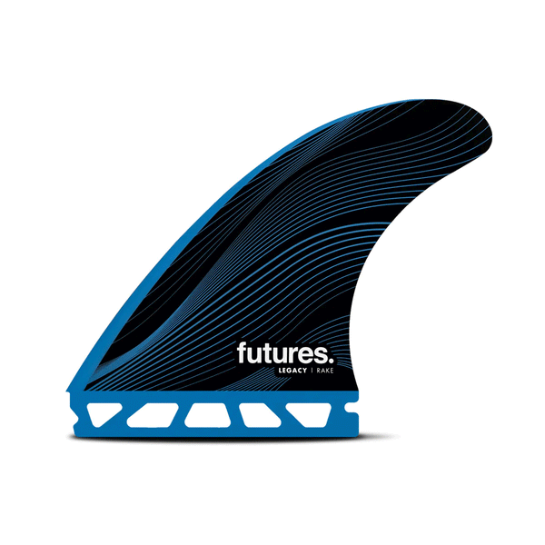 blue and black surf fin with "Futures Legacy" logo
