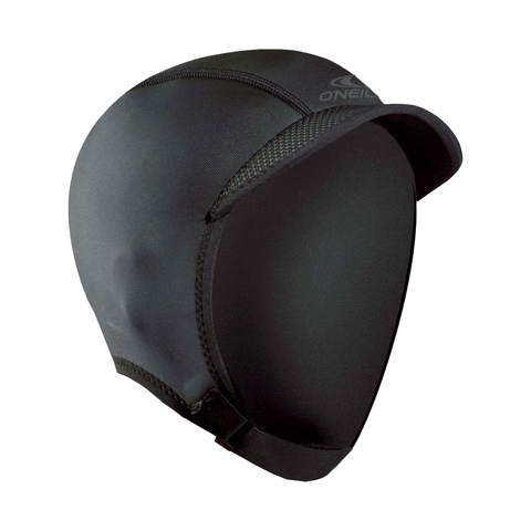 black wetsuit cap with strap and visor on white background