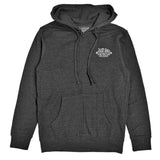Dark gray hoodie with a logo on the chest against a white background