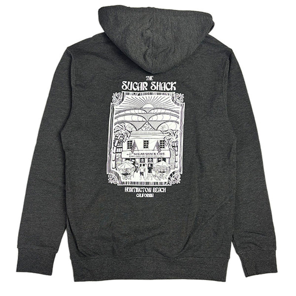 Dark gray hoodie with a graphic design on the back on a white background