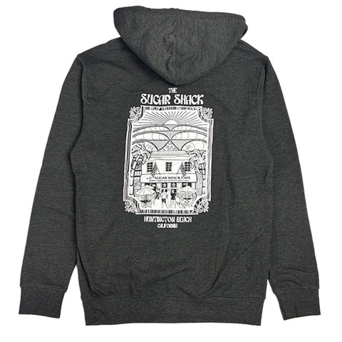 Dark gray hoodie with a graphic design on the back on a white background