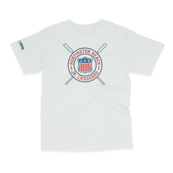 white t-shirt with jr lifeguard logo on white background