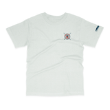 white  t-shirt with a small logo on a white background