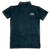 Black terry poncho with a logo on a white background