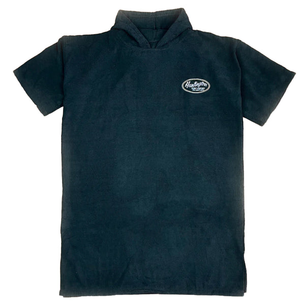 Black terry poncho with a logo on a white background