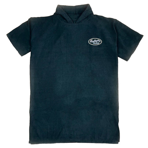 Black terry poncho with a logo on a white background