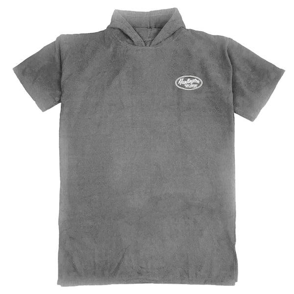 Grey terry poncho with a logo on a white background
