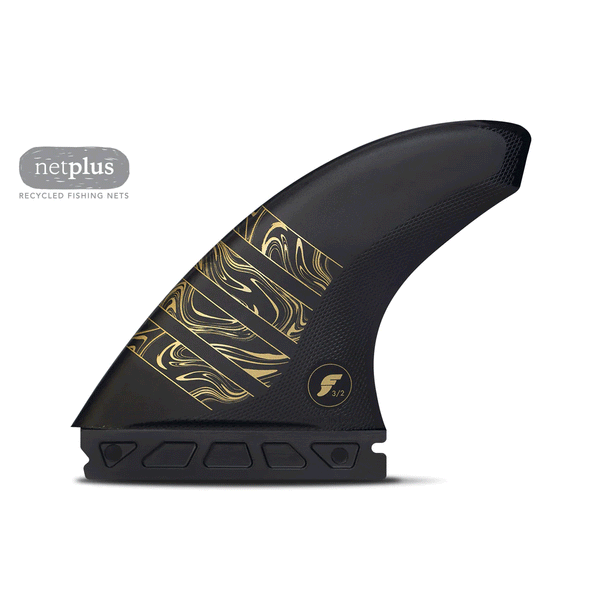 black and gold surf fin on a white background