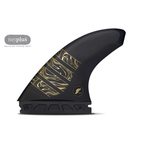 black and gold surf fin on a white background