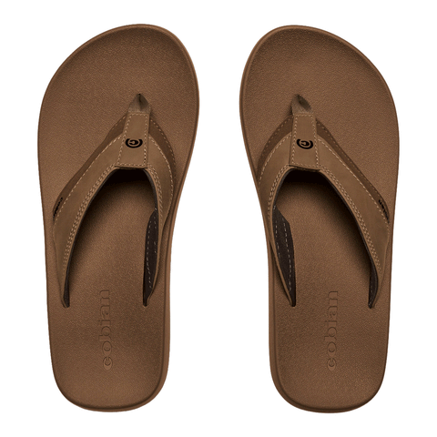 top view of a pair of brown flip flop sandals