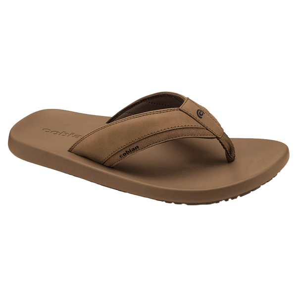 side profile view of a brown flip flop sandal