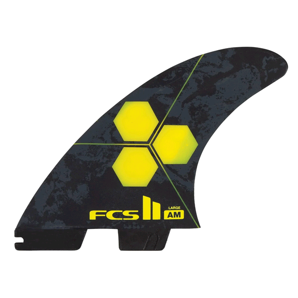 black surfboard fin with yellow Channel islands logo
