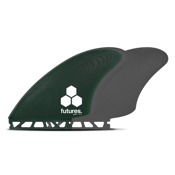 2 green and grey surf fins with "futures" and "CI logo" branding