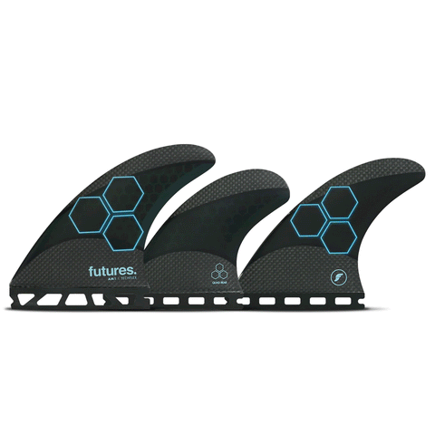 3 black and blue surf fins with "futures" and ci logo branding