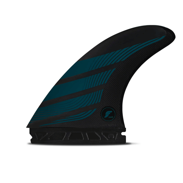black surf fin with blue accents on a white background
