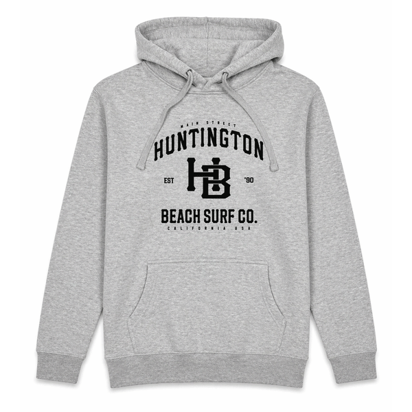 Huntington Beach Surf Co pullover hoodie front view, heather grey with black graphic