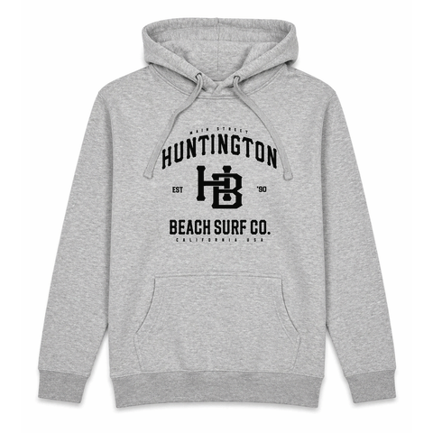 Huntington Beach Surf Co pullover hoodie front view, heather grey with black graphic