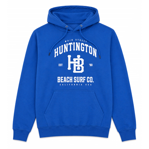 Huntington Beach Surf Co pullover hoodie front view, royal blue with white graphic