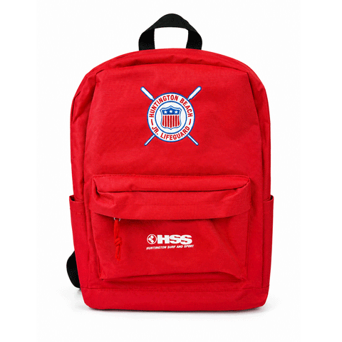 red backpack with HB Jr. Lifeguards Logo on white background