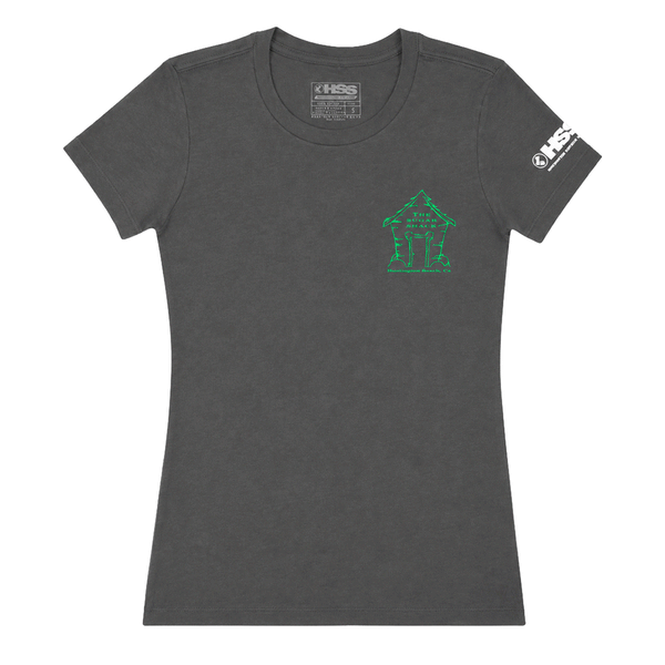 front of grey t shirt with green Sugar Shack logo on chest