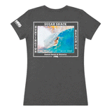 back of grey t-shirt with the text Sugar Shack Huntington Beach and picture of Bailey Turner surfing