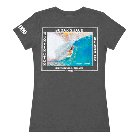 back of grey t-shirt with the text Sugar Shack Huntington Beach and picture of Bailey Turner surfing