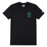 front of black t shirt with green sugar shack logo