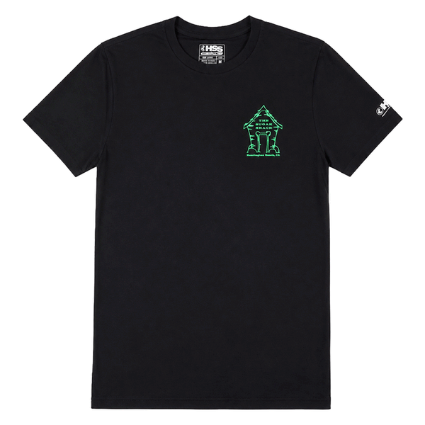 front of black t shirt with green sugar shack logo