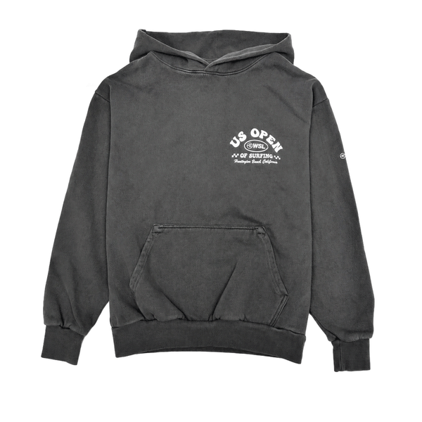 Front view of a charcoal heavyweight hooded sweatshirt featuring a white US Open of Surfing logo on the left chest. The pullover hoodie includes a kangaroo pocket, ribbed cuffs and waistband, and a vintage-washed finish, displayed on a clean white background.