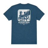 Billabong Huntington Beach men's short-sleeve T-shirt in deep blue with a large HB Huntington Beach logo on the back.