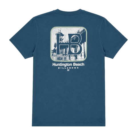Billabong Huntington Beach men's short-sleeve T-shirt in deep blue with a large HB Huntington Beach logo on the back.