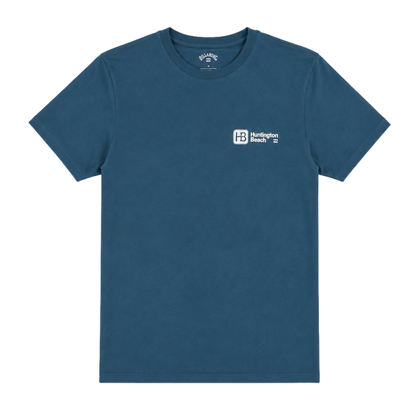 Billabong Huntington Beach men's short-sleeve T-shirt in deep blue with a small HB Huntington Beach logo on the left chest.