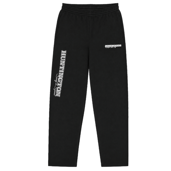 black sweat pants with White Huntington Surf & Sport logo down the right leg