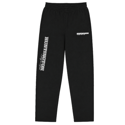 black sweat pants with White Huntington Surf & Sport logo down the right leg
