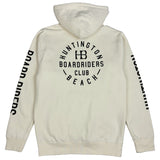 Beige hoodie with black text on a white background