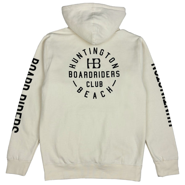 Beige hoodie with black text on a white background