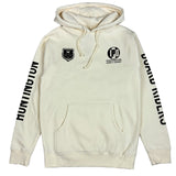 Beige hoodie with black text and logos on sleeves and chest