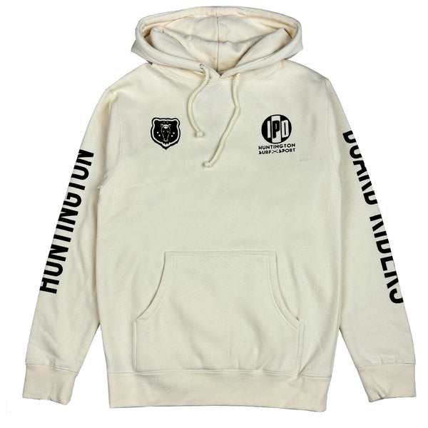 Beige hoodie with black text and logos on sleeves and chest