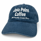 blue dad hat with script "Java Point Coffee 300 Pacific Coast Hwy" on white background