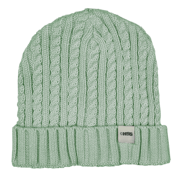 mint colored cable knit cuff beanie with HSS clip label